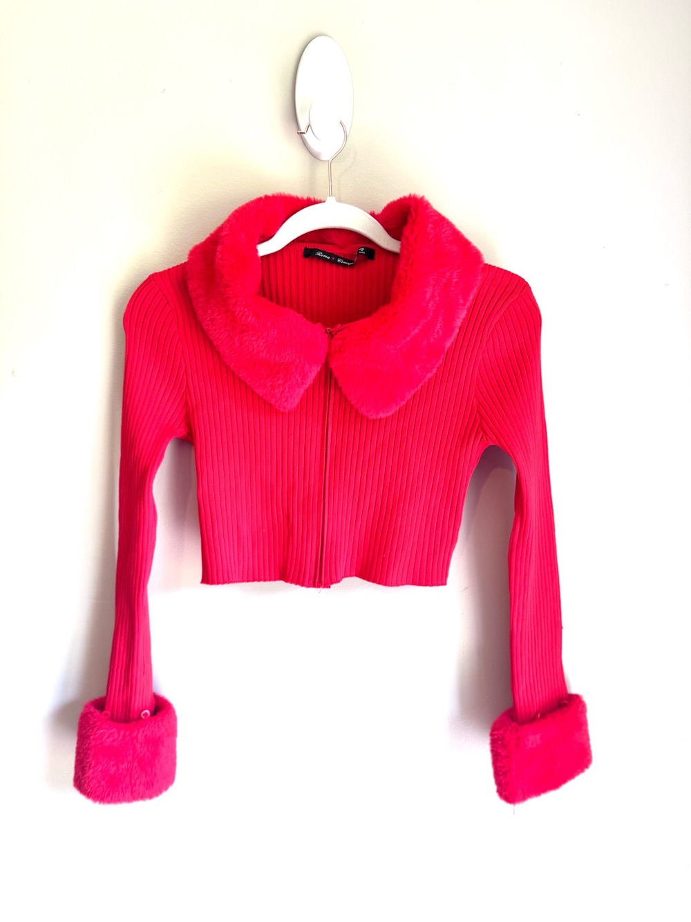 Roma Concept Cropped Cardigan Sweater Red Fur Collar Fur Cuff Ribbed Cotton L
